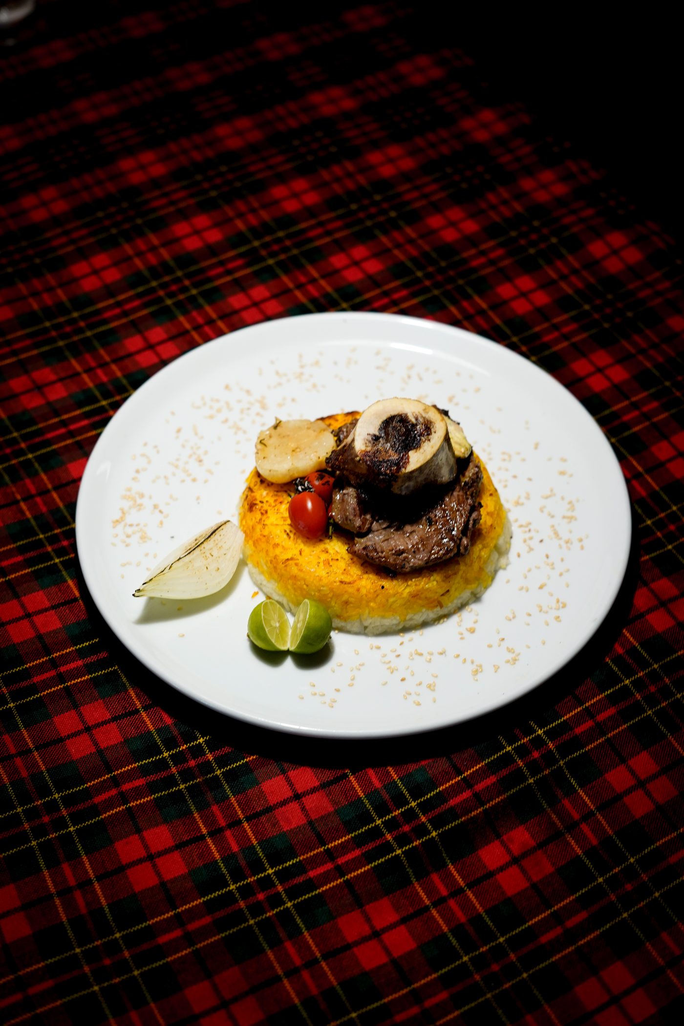 Tahdig rice with grilled meat and bone marrow